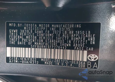 2015 Toyota Corolla S Plus z USA, uszkodzony, nr VIN 5YFBURHE6FP276442